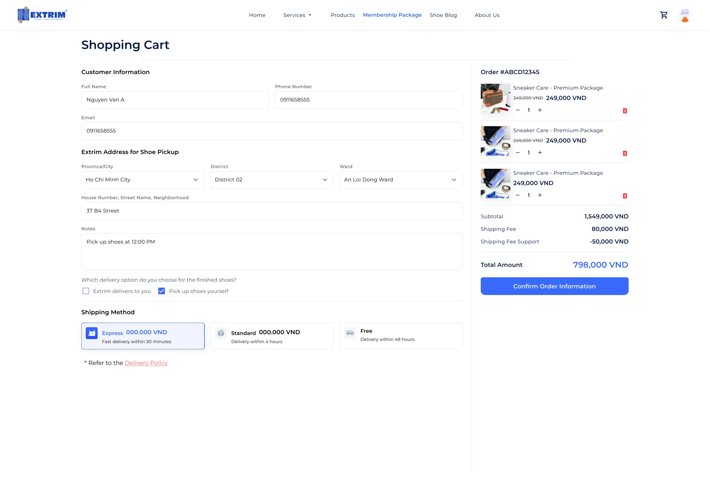 Two-way shipping booking UI — pickup address, service selection with repair specs, and return delivery confirmation in one consolidated flow