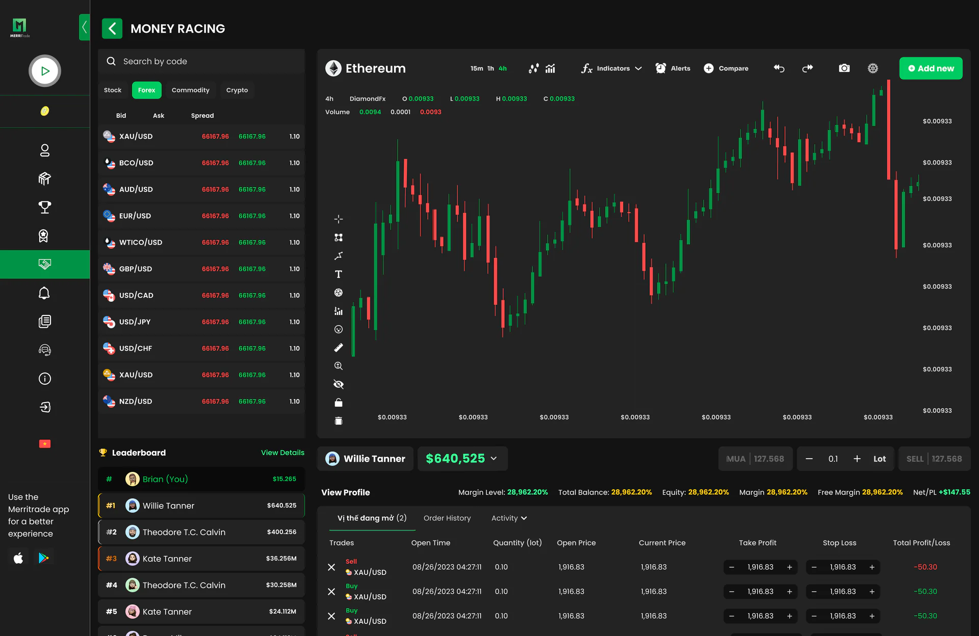 Live trading screen during a "Money Racing" tournament — real-time candlestick chart with multi-timeframe controls, market list on the left, leaderboard rail, order entry on the right, and position/P&L state along the bottom.