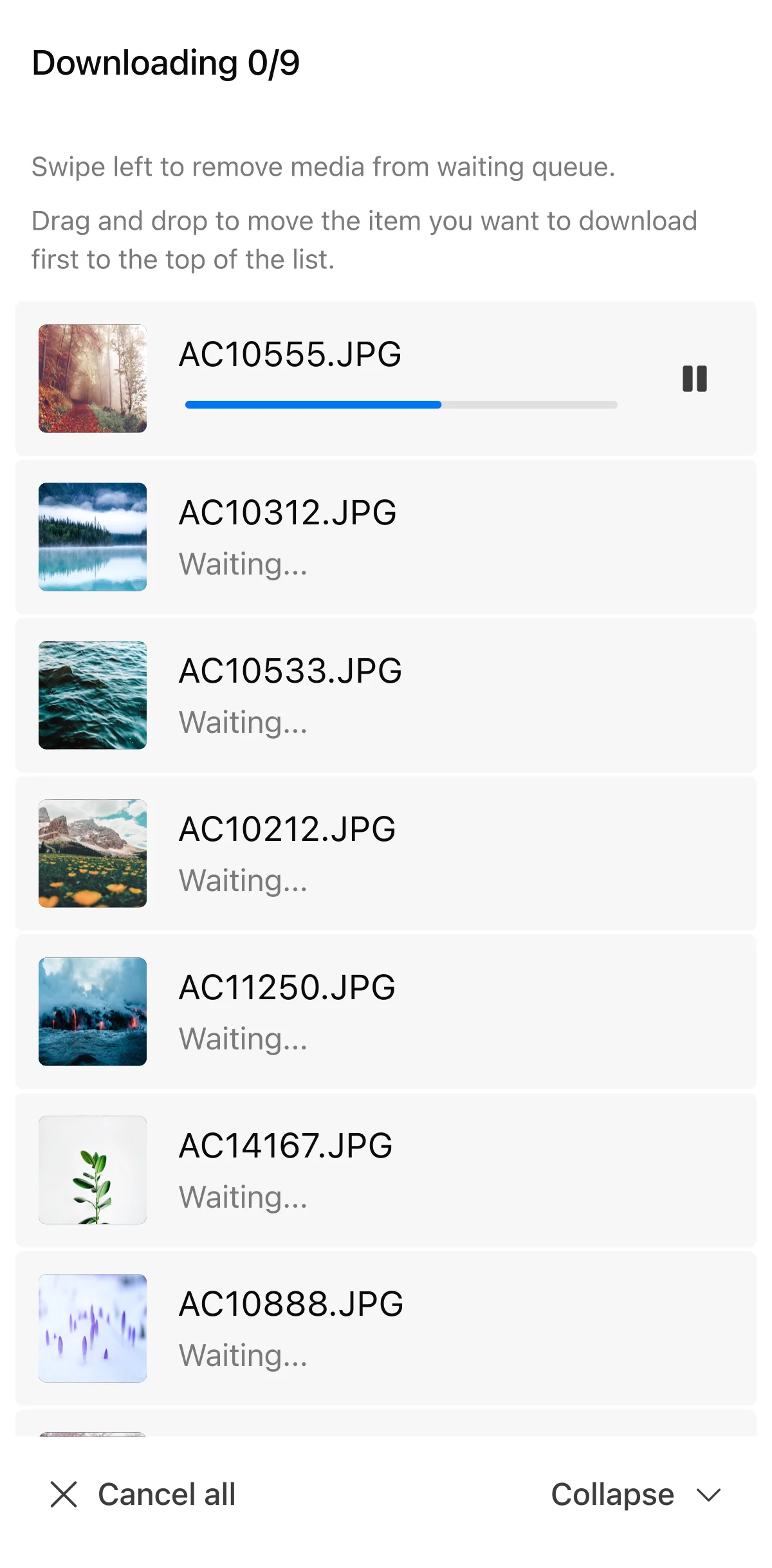XIAN downloading sheet listing nine queued media items, the first one in progress