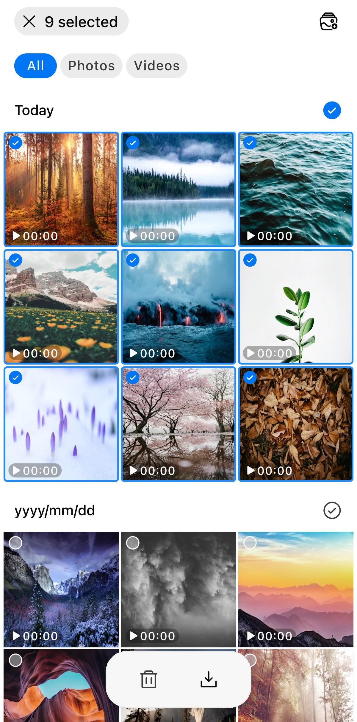 XIAN gallery in selection mode with 9 items selected and the Download action visible