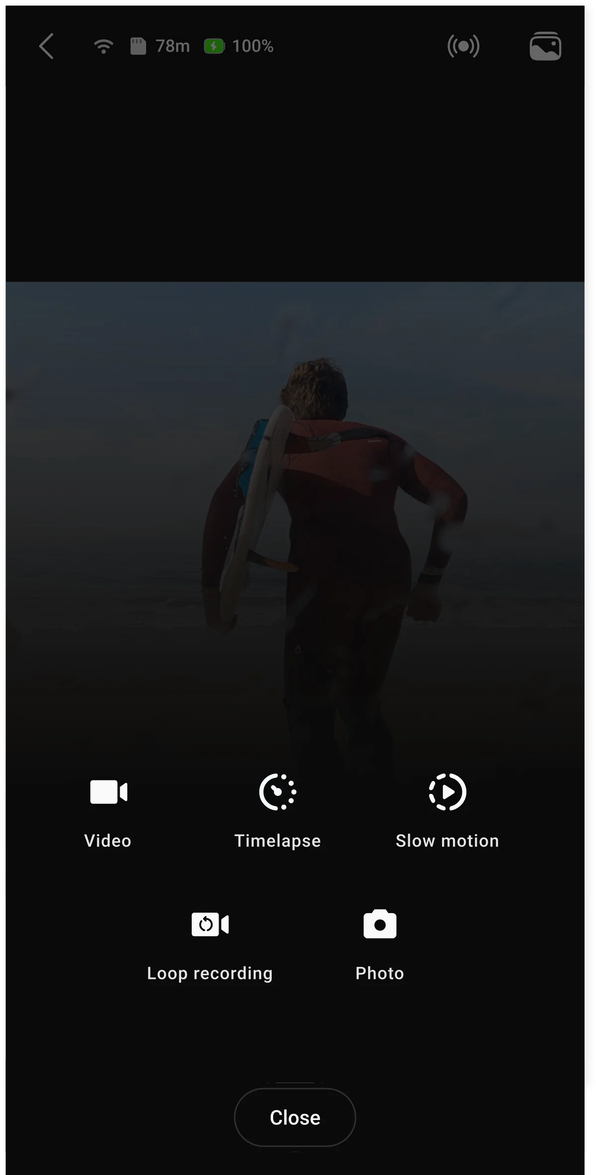 XIAN in-app capture mode picker overlaid on the live view