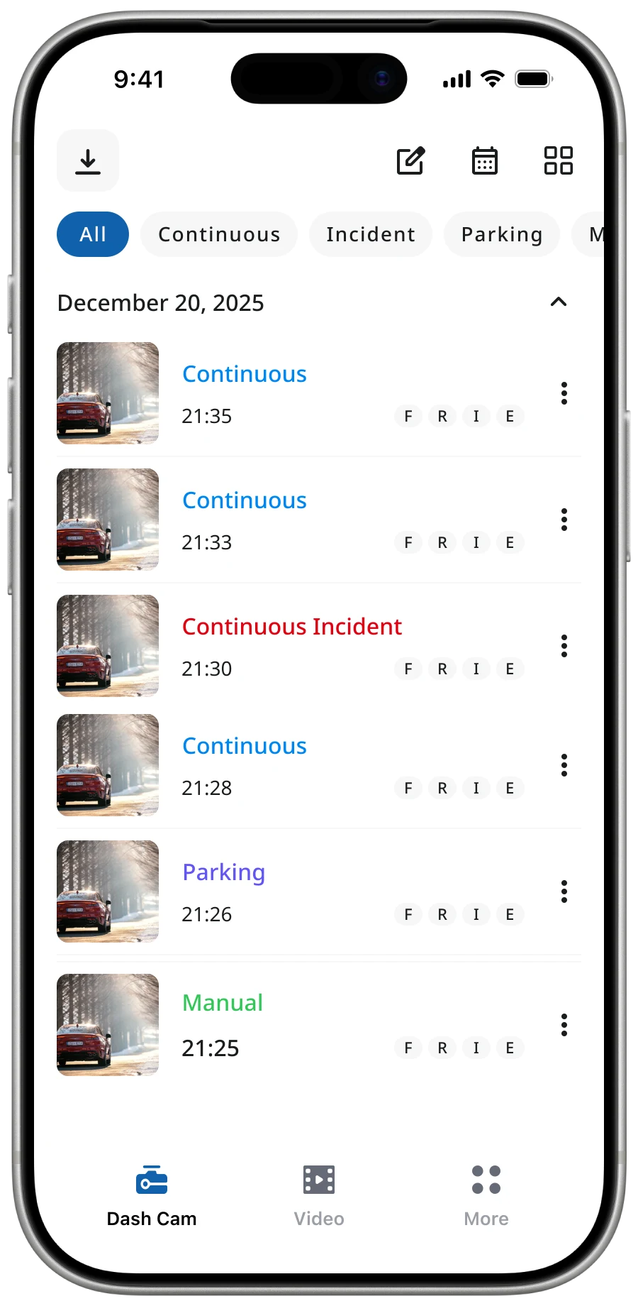 Dash Cam LINK app — video playback and retrieval flow.