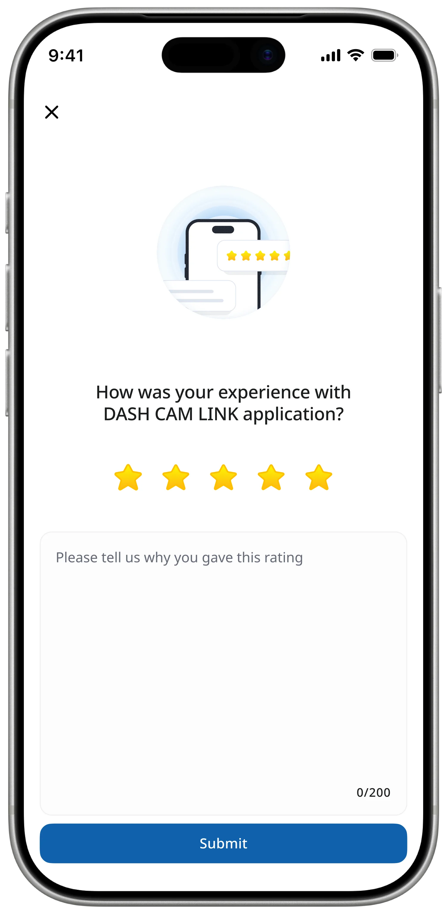 Dash Cam LINK in-app rating module — iPhone mockup