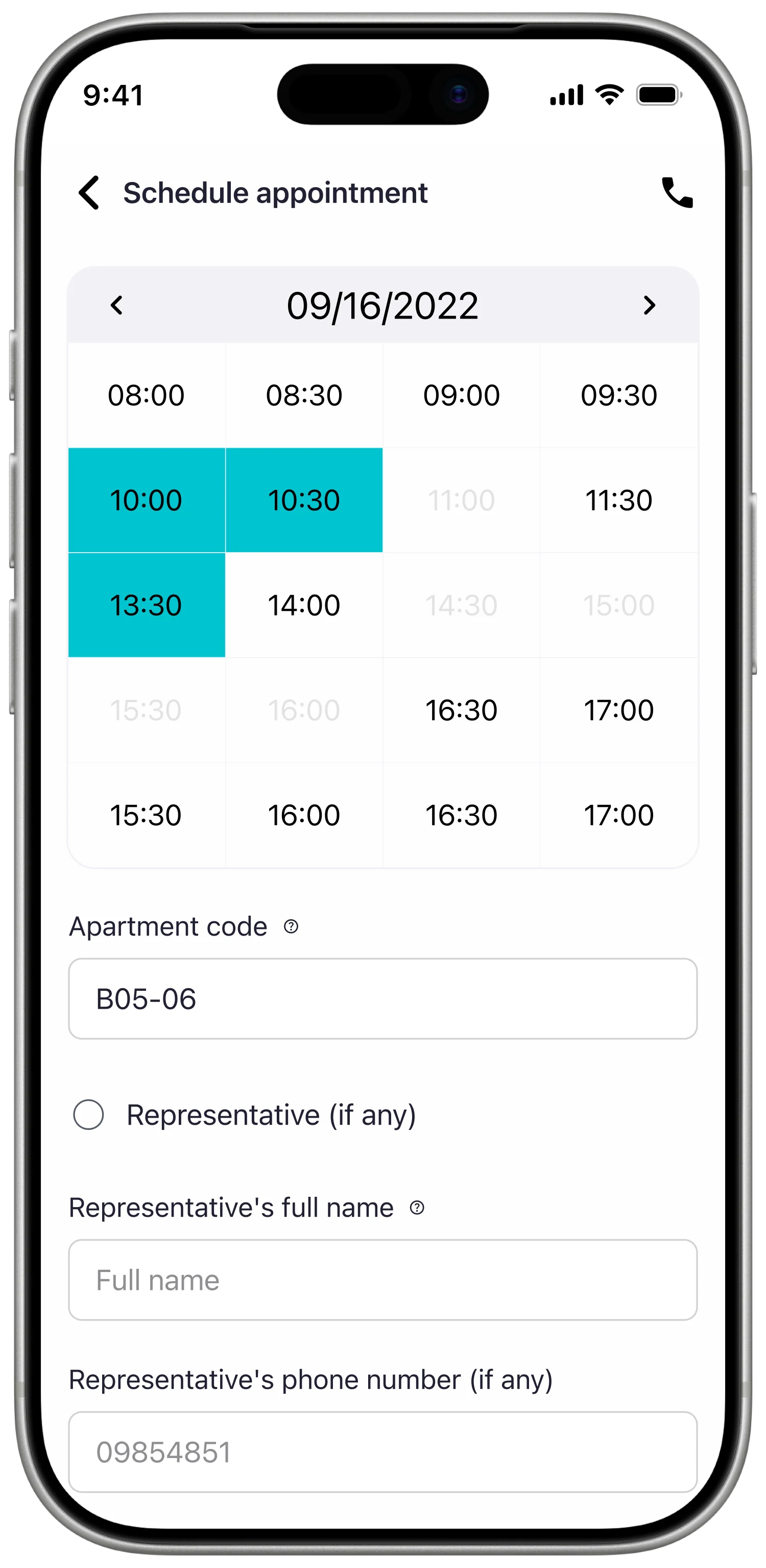 Appointment-booking screen with a calendar widget, available slots for the assigned customer-service rep, and a reason-for-visit selector.