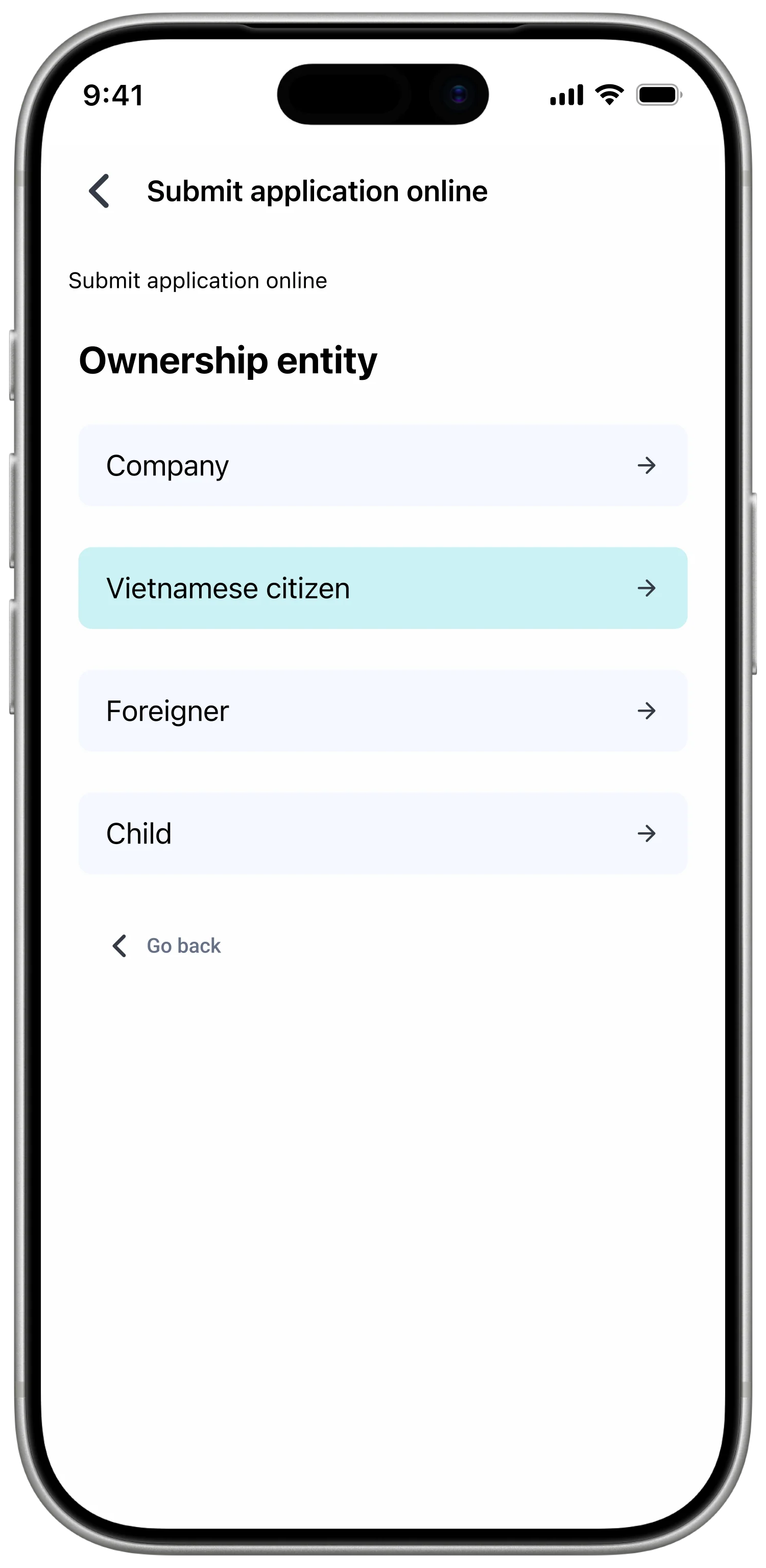 Document submission — document-type list grouped by customer type (individual / corporate / co-buyer).