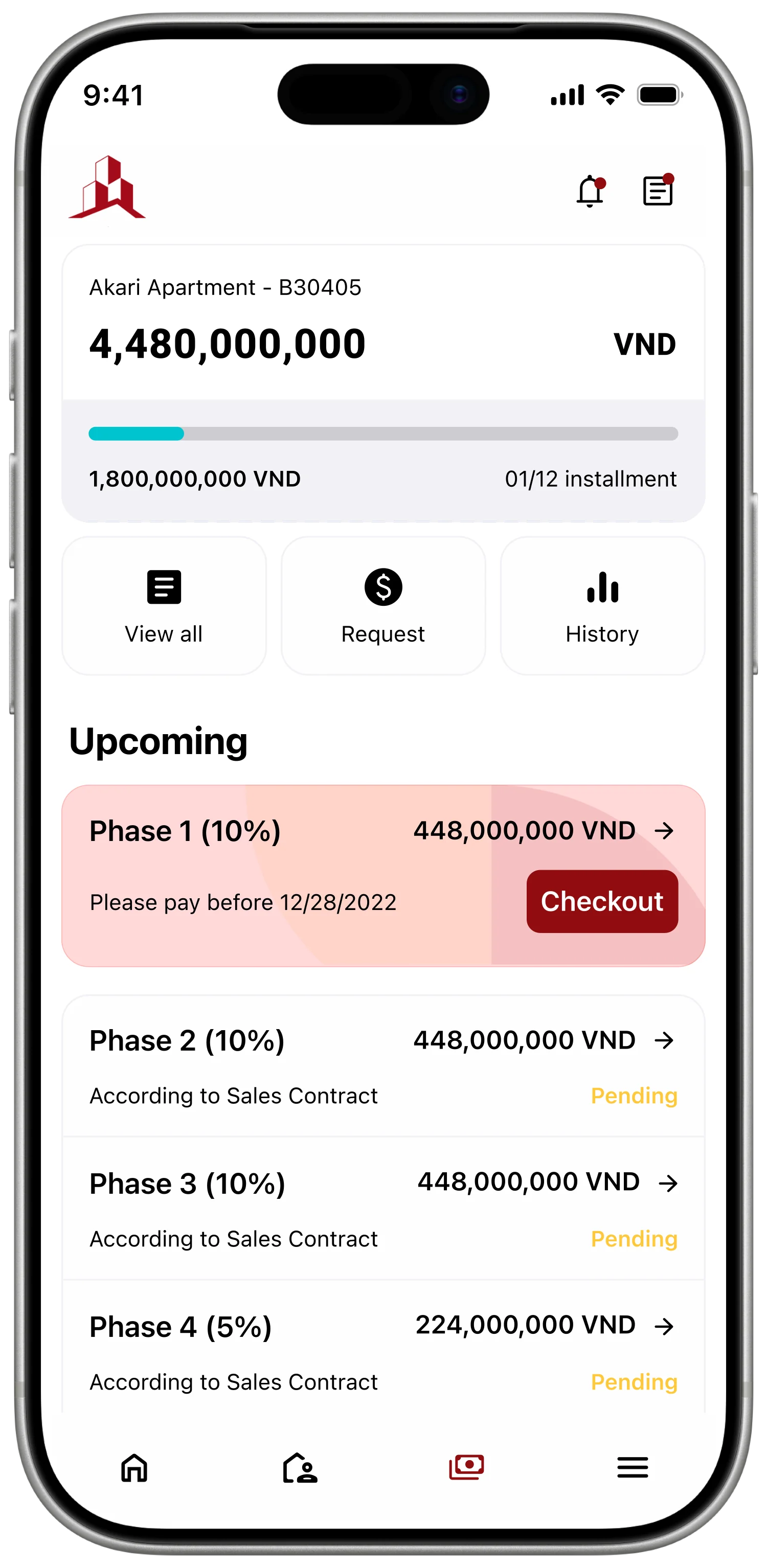 Payment-stage tracker — vertical timeline of payment milestones (deposit, contract, instalments, handover, ownership) with status pills.