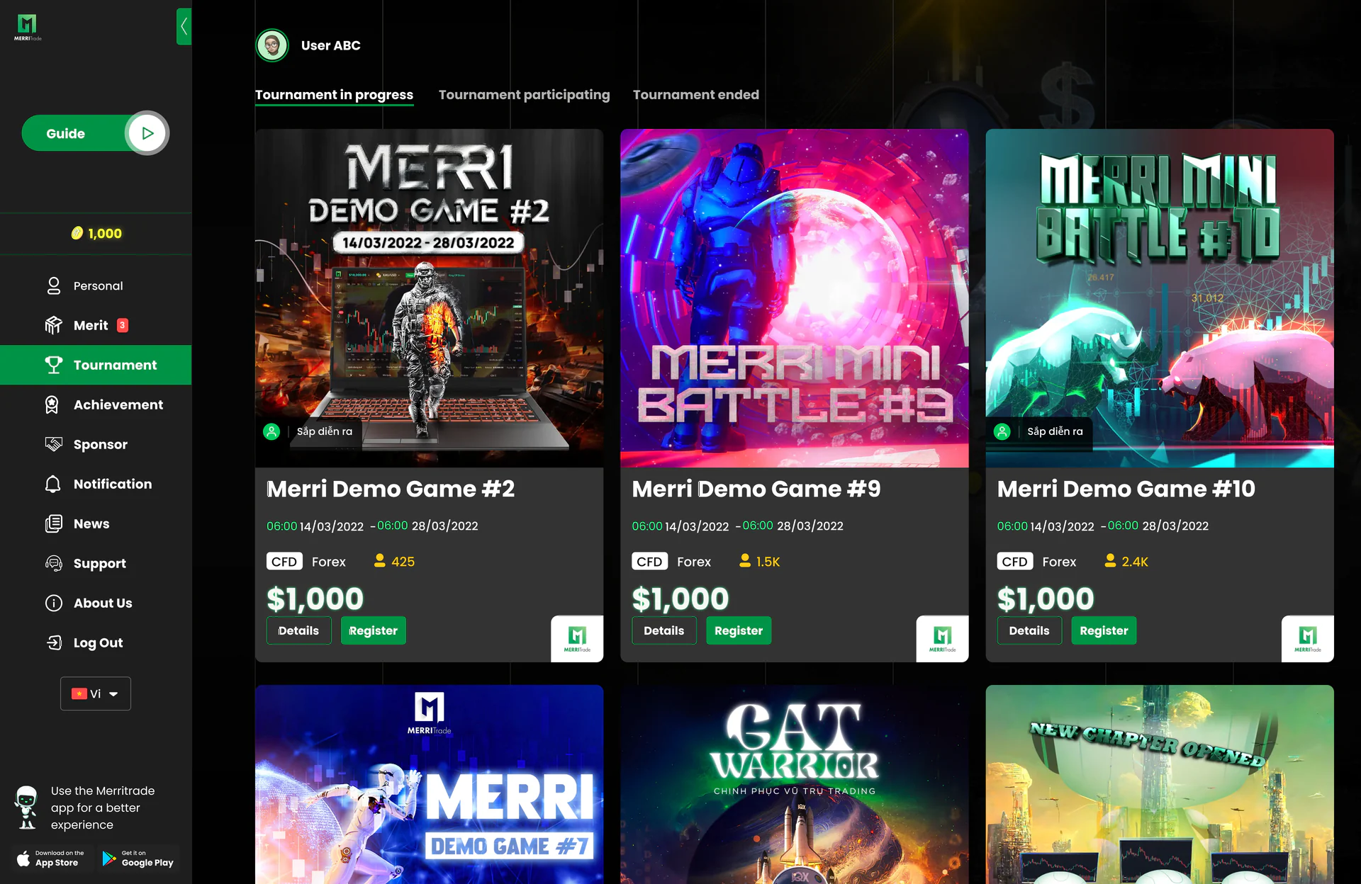 MerriTrade — Tournament browse page with active demo-game cards and prize pools.
