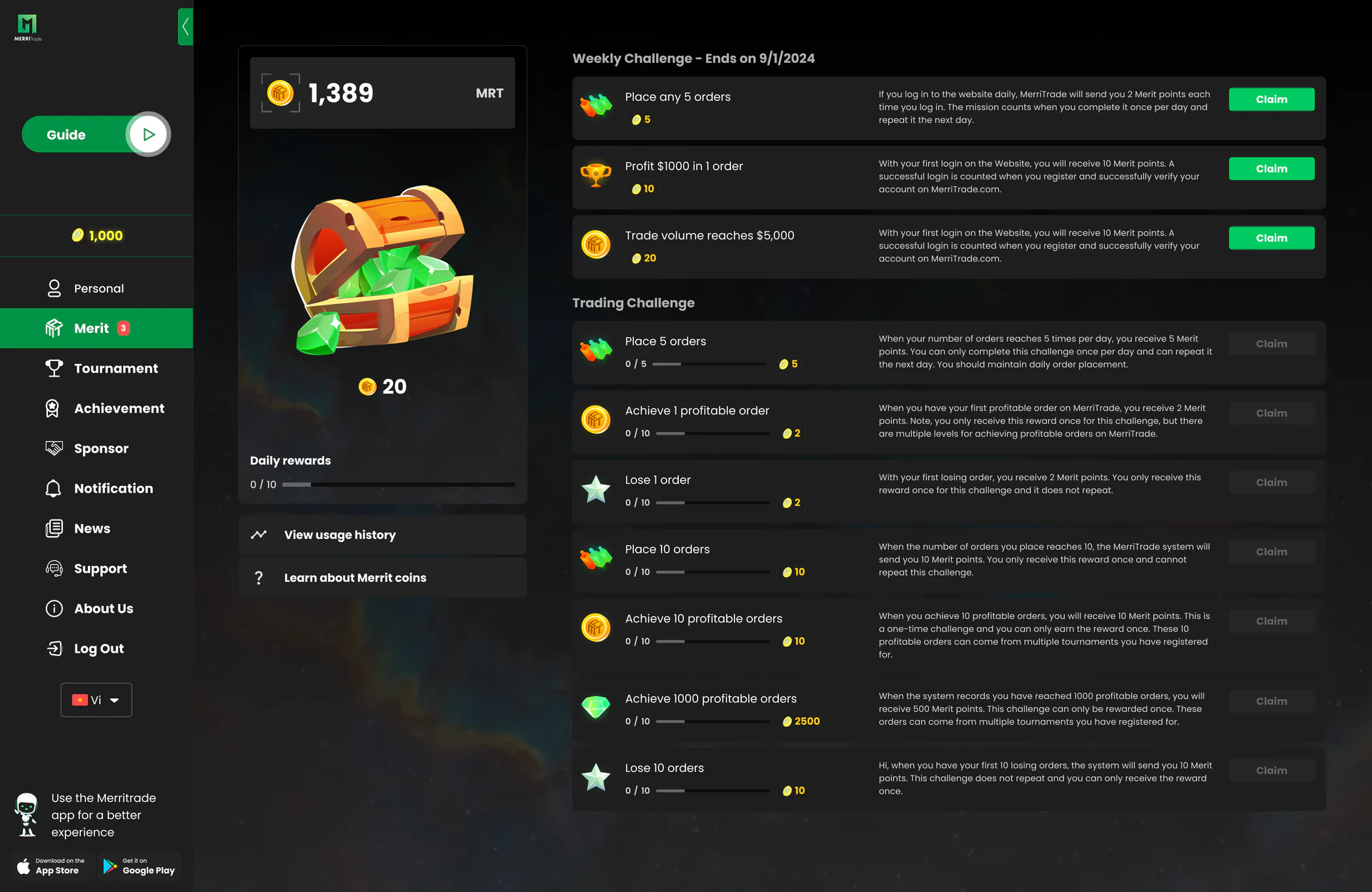 MerriTrade — Merit token surface with weekly challenges, trading challenges and reward states.