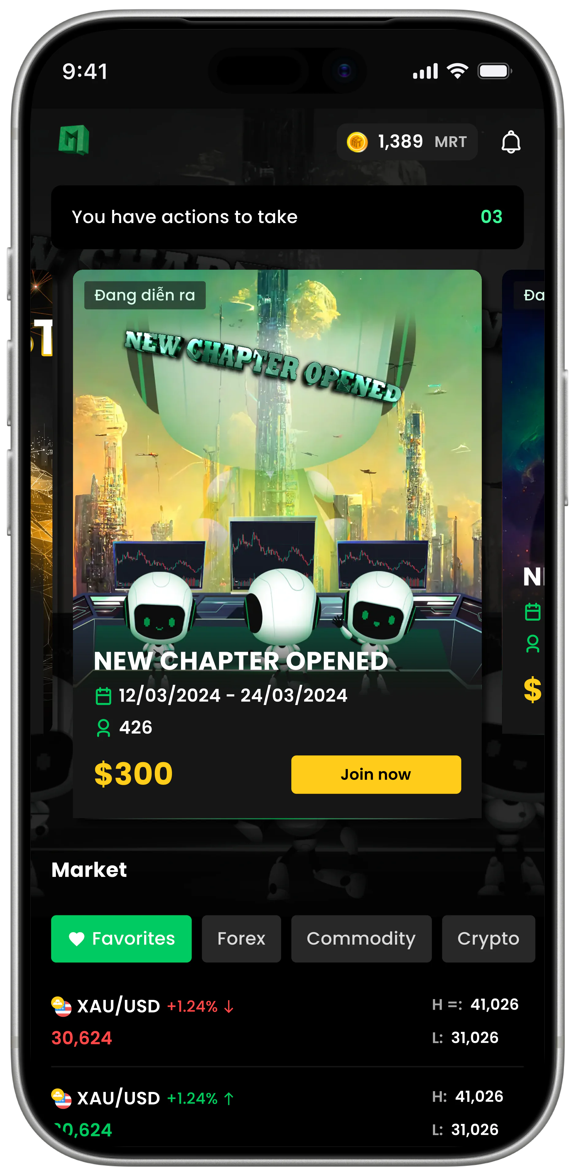 MerriTrade mobile — Tournament feed “New Chapter Opened” with prize pool and join CTA.