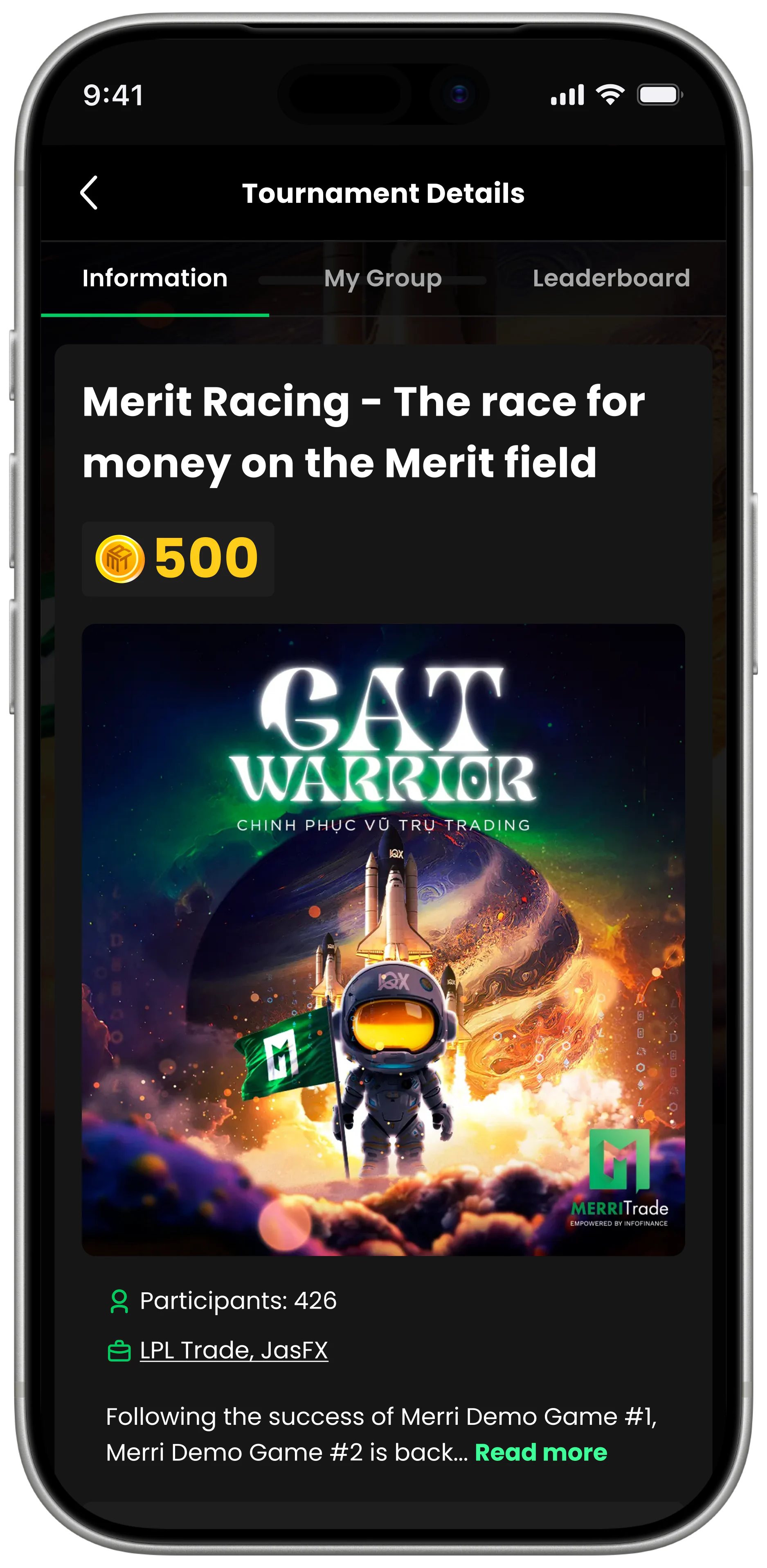 MerriTrade mobile — Tournament details “Merit Racing — Cat Warrior” with participant count and entry fee.