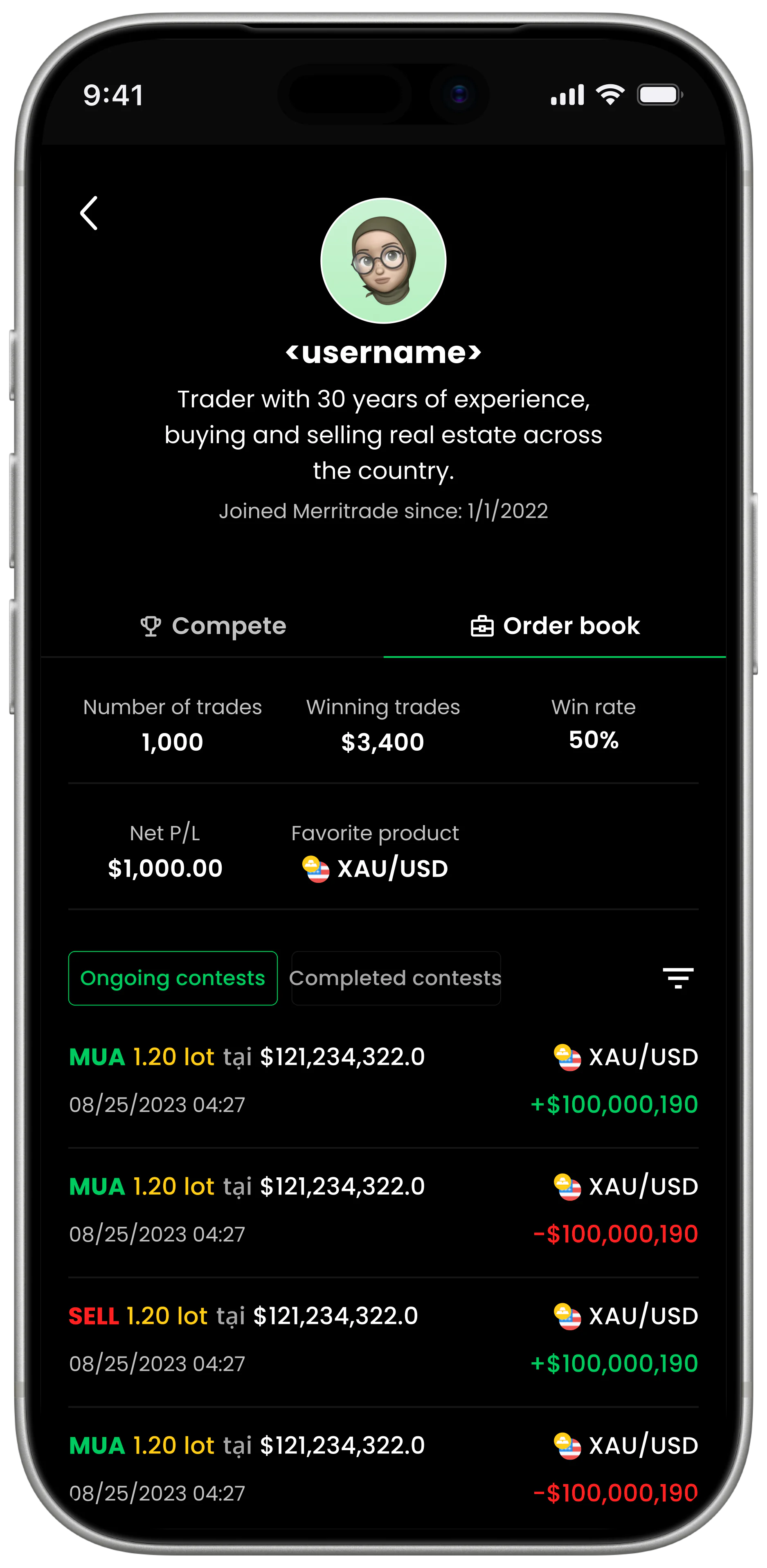 MerriTrade mobile — Trader profile with compete/order-book tabs and contest-history feed.