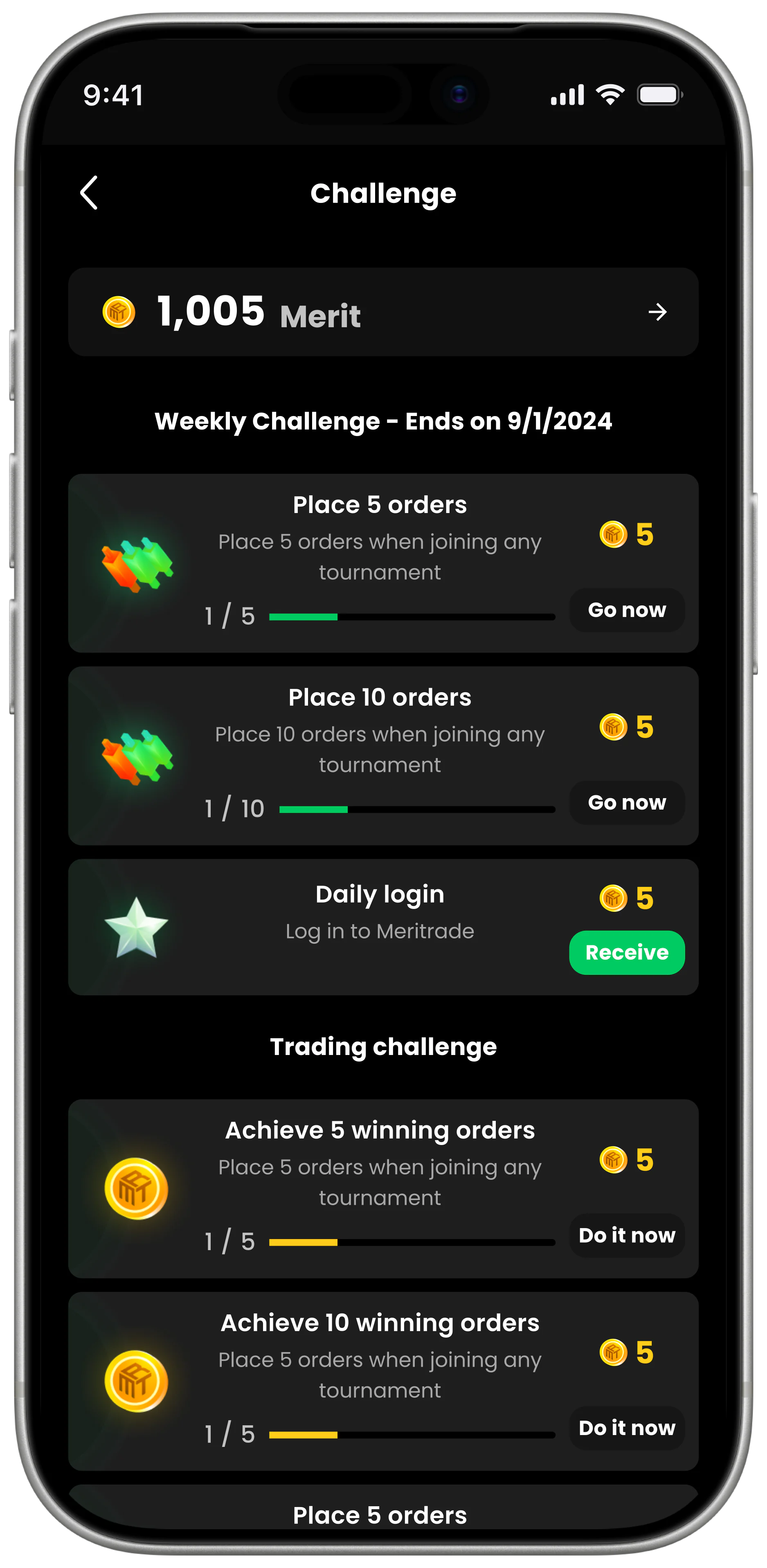 MerriTrade mobile — Challenge surface with weekly tasks, daily login reward, and trading challenges.
