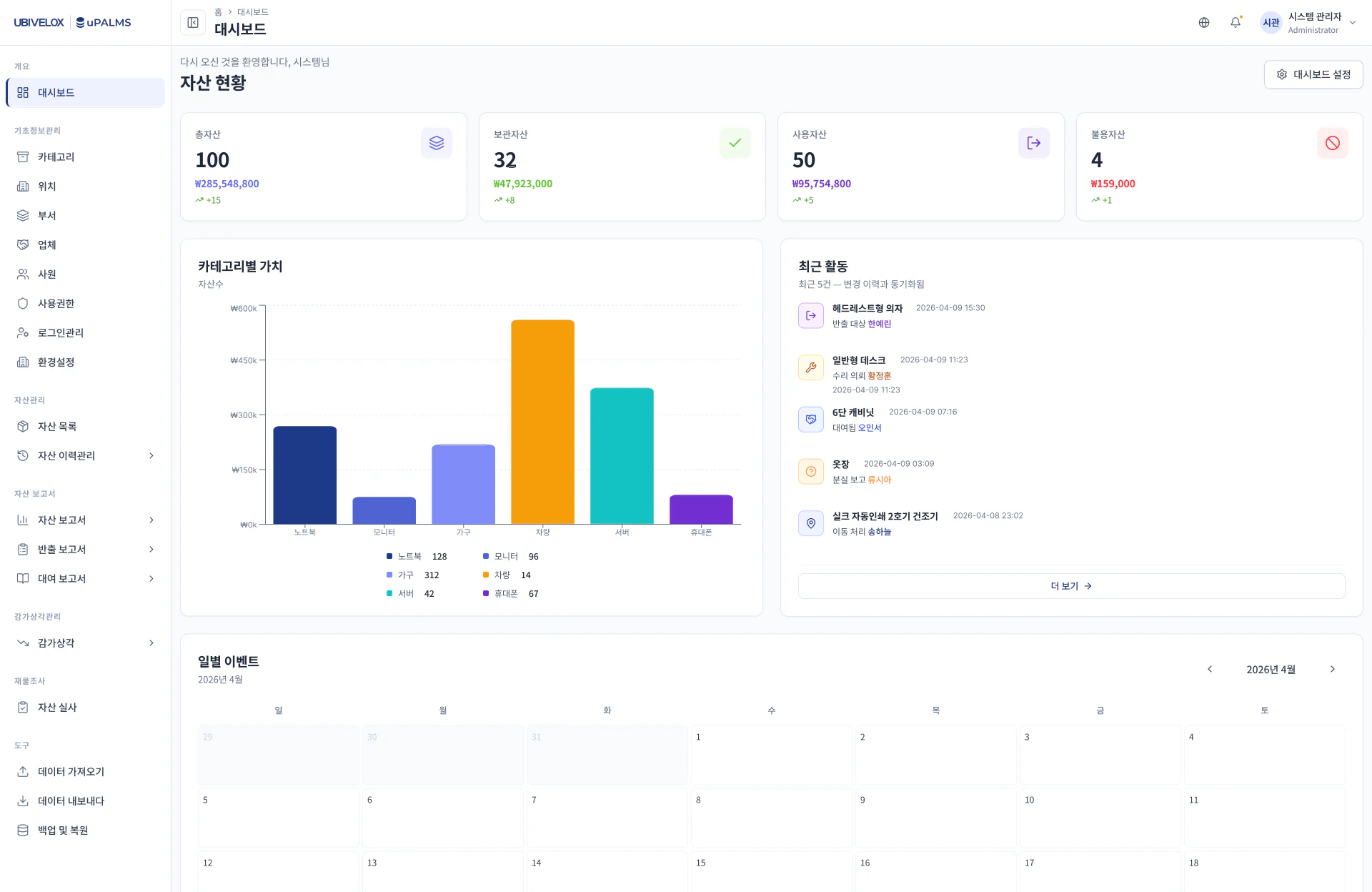 uPALMS — Korean dashboard surface with total/stored/in-use/disposed asset KPIs, value-by-category chart, recent activity feed, and daily events calendar.